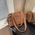 Brown nylon tote bag with multi-zipper pockets and large capacity shoulder strap - Brown
