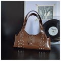 Brown faux leather shoulder bag with silver rivet studs in a retro punk style - Brown