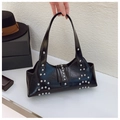 Fashionable black faux leather underarm bag with silver rivets and dual shoulder straps - Black