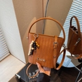 Brown woven texture bucket bag with bead tassel and detachable shoulder strap for women - Brown