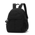 Dettaglio dello zaino nero a più strati in nylon con logo in metallo e cerniere rifinite - Nero