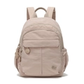 Dettaglio zaino beige in nylon impermeabile con doppie cerniere e logo MS - Cachi