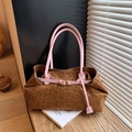 Leopard print tote bag with pink leather handles and metal buckle on wooden surface - 36*12*20 / Brown