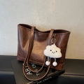 Brown vintage leather tote bag with double straps and a cute white cloud charm - Coffee