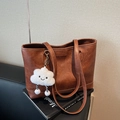 Brown vintage faux leather tote bag with white cloud plush pendant for women - Brown