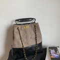 Brown suede and black leather patchwork bucket bag with classic quilted diamond pattern - Khaki (With Charm)