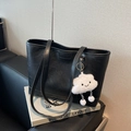 Black vintage leather tote bag for women with white plush smiling cloud charm - Black