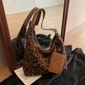 Borsa tote leopardata vintage con tracolla in pelle marrone e piccola pochette staccabile - Marrone