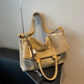 Retro khaki suede tote bag with baseball charm, versatile large capacity shoulder handbag - With Charm / Khaki