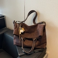 Brown faux suede tote bag with baseball charm and adjustable shoulder strap - With Charm / Coffee