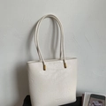 Minimalist cream white oversized tote bag with long handles and gold metal accents - White Without Pendant