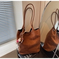 Brown suede tote bag with dual straps and cute charm pendants in a soft natural light setting - With Charm / Brown