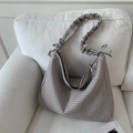 Vintage geruite schoudertas met geplooide riem en strik in zwart wit en bruin motief - Khaki