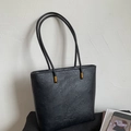 Minimalist black tote bag with wrinkled texture and gold metal accents for women - Black without Pendant