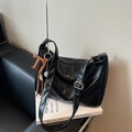Black glossy PU leather shoulder bag with gold hardware and T-letter pendant - Black with Pendant