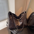Retro deep brown oil-wax leather tote bag with gold buckle and adjustable strap - Brown
