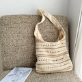 Beige crocheted hobo shoulder bag with brown horizontal stripes and breathable hollow design - Khaki