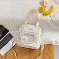 White canvas ita bag with blue bow embroidery and clear window for pins display - White
