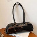 Retro black wrinkled leather baguette bag with gold hardware and small pouch - Black