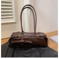 Dark brown retro baguette bag in glossy crinkled leather with a mini hanging pouch - Brown