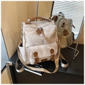 Dettaglio dello zaino vintage che mostra tasche laterali e riflesso della trama tessile - Cachi