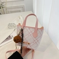 Pink and white checkered bucket bag with leather strap and cute bear charm pendant - Pink with Pendant