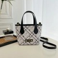 Retro grey plaid bucket bag with black polka dots and detachable leather shoulder strap - Black without Pendant
