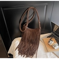 Macro view of long fringe tassels on brown suede bohemian crossbody bucket bag detail - Coffee
