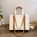 Retro canvas tote bag in cream white and brown leather with double handles - Brown