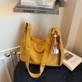 Yellow suede tote bag with coffee plush pendant and adjustable shoulder strap - Khaki with Pendant