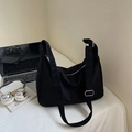 Retro black oversized hobo bag in suede texture with wide strap and silver hardware - Black without Pendant