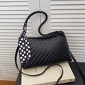 Classic black woven handbag with polka dot scarf detail and dual shoulder straps - Black