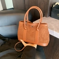 Brown tote bag with suede and leather contrast finish and round metal decorative buckle - Large Size Brown