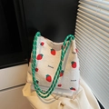 Borsa tote bianca con stampe di fragole e manici in corda intrecciata verde - Verde