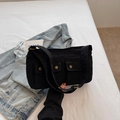 Minimalist black canvas shoulder bag with double front pockets and vintage buckles - Black