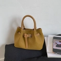 Ginger yellow woven leather bucket bag with retro metal buckle and top handle - Brown (No Pendant)