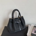 Classic black woven tote bag with silver buckle and structured top handle for women - Black (No Pendant)