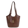 Minimalist large brown bucket shoulder bag with sleek gold hardware and retro leather texture - No Pendant / Brown