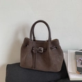 Dark brown woven leather bucket bag with silver buckle and round handles for women - Coffee (No Pendant)