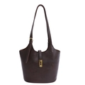 Vintage dark brown leather bucket bag with adjustable strap and gold buckle - No Pendant / Brown