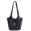 Retro black bucket bag in textured PU leather with adjustable shoulder strap and gold hardware - No Pendant / Black