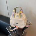 Beige nylon crossbody bag with stylish multi-colored embroidered wide shoulder strap - White and Purple