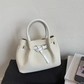 Chic beige woven bucket bag with knotted buckle detail and versatile crossbody strap - White (No Pendant)