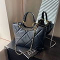 Chic black quilted tote bag with gold chain strap and large capacity stylish design - Black