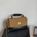 Brown and black bicolor quilted crossbody bag with gold metal lock and chain strap - Brown No Pendant