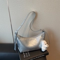 Silver metallic hobo bag with pleated texture and cute white plush pendant - Silver (With Pendant)