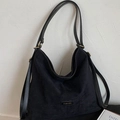 Large black suede hobo shoulder bag with leather straps and gold metal ring details - Black