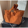 Caramel corduroy tote bag with large front pockets and high-capacity casual design - Brown