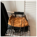 Retro large tote bag with brown suede and black leather patchwork with gold chain strap - Brown