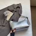 Metallic silver hobo bag with wrinkled texture and adjustable shoulder strap for women - Silver No Pendant